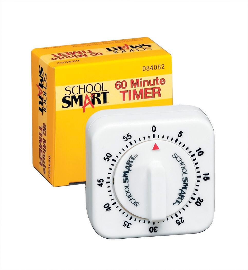 School Smart Small Timer with Bell, 60 Minutes, White 084082